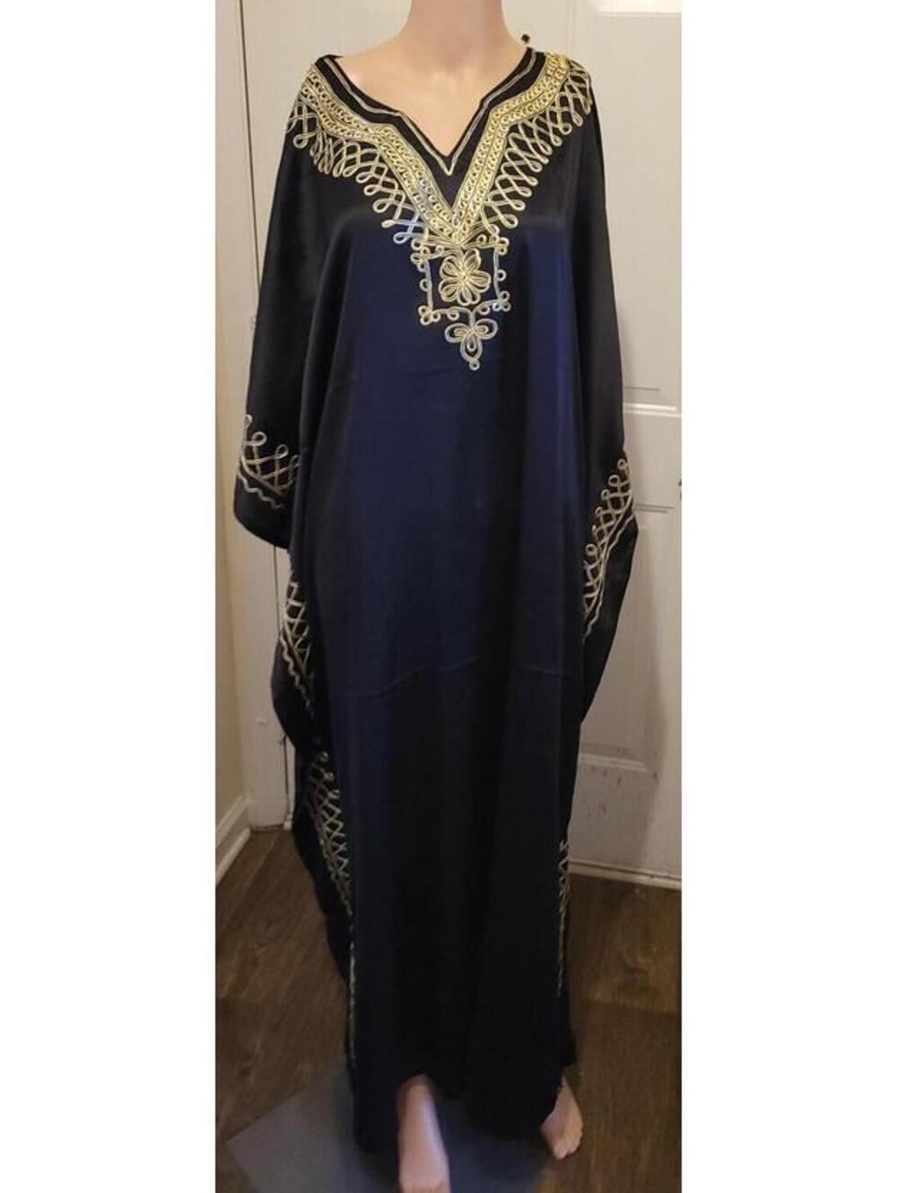 Ecofits Natural Comfort Black Gold Embroidery Kaftan Women Maxi Dress One Size